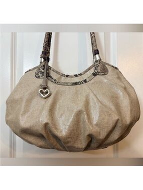 Brighton Waxed Canvas Python Trim Shoulder Hobo Bag w/ Heart Charm
